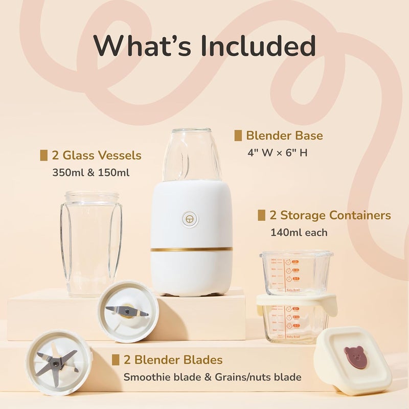 Kwiplee Bubble Blender, Baby Food Maker & Puree Blender with 2 Borosilicate Glass Cups, Compact Baby Bullet for Smoothies, Hands-Free One-Touch, 200W Motor, Cream - Image 2
